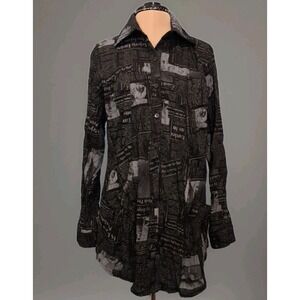 KI MENG Korea Newspaper Print Button Up Blouse Lagenlook Unique Artsy Pockets L